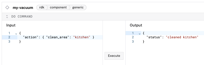 DoCommand section of the vacuum generic resource's control panel, with clean_area set to kitchen.
