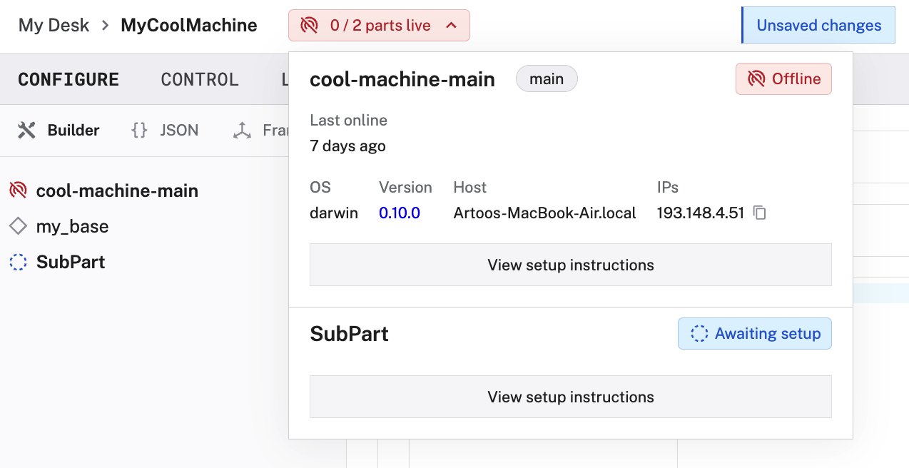 The machine page with part menu expanded