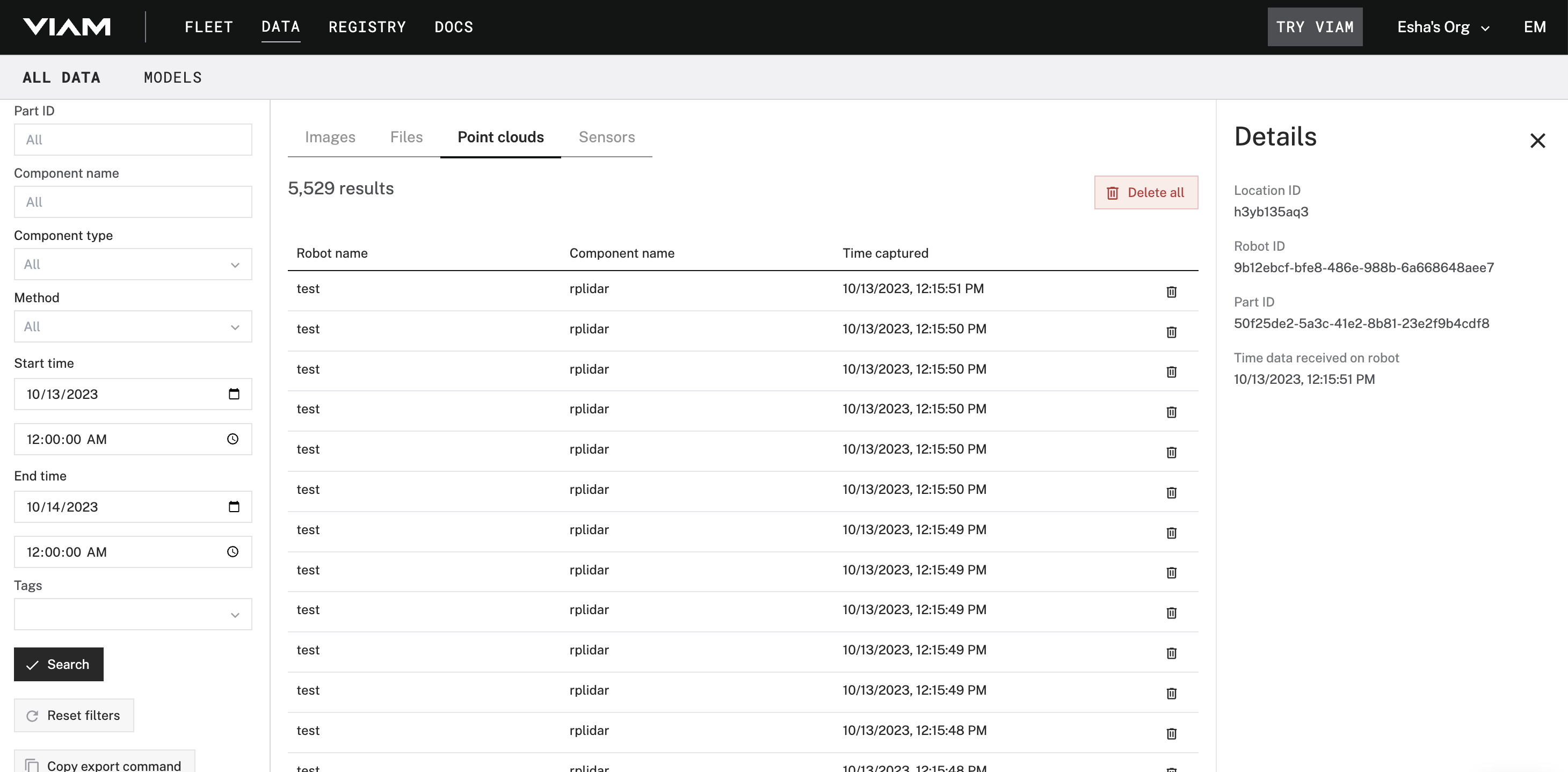 UI showing captured point clouds
