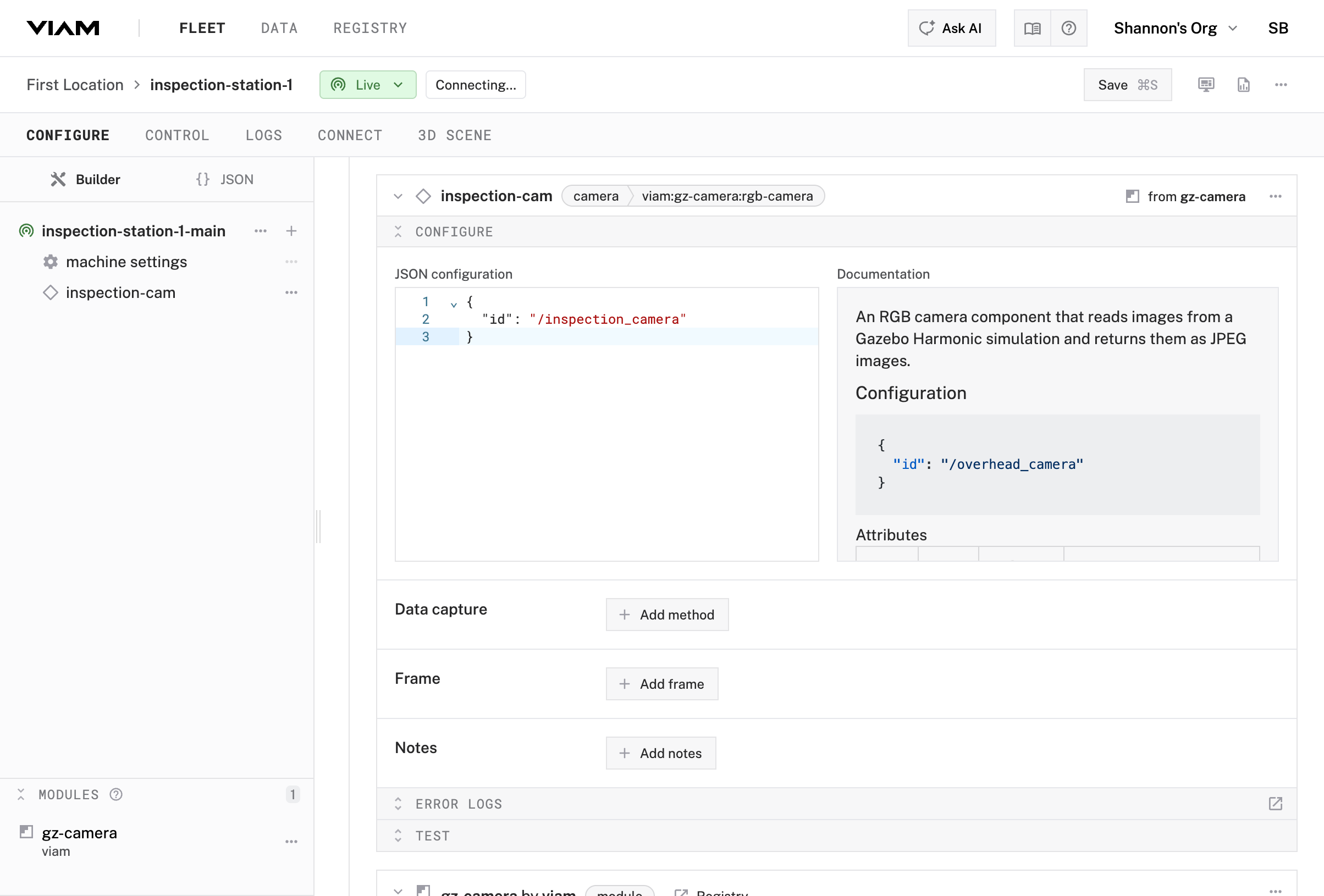 Camera configuration panel with the JSON configuration set to inspection_camera.